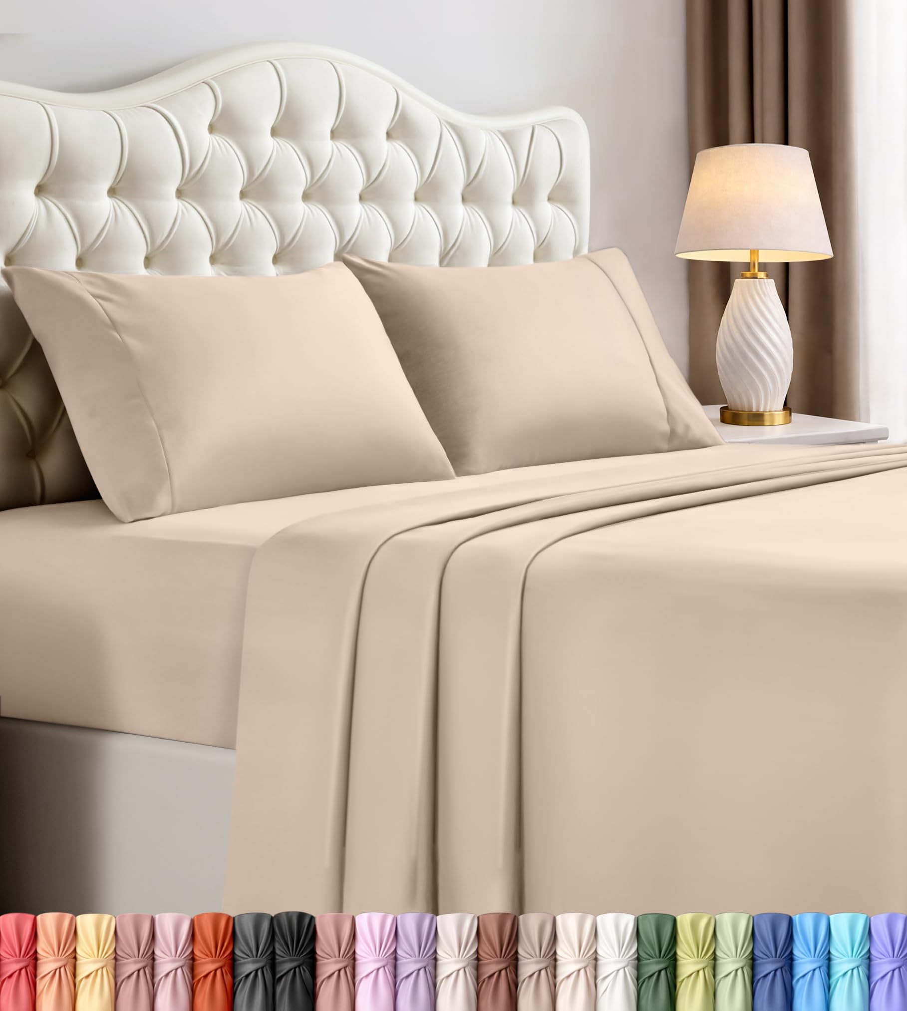 Queen Size Sheet Set – 4 Piece Bed Sheets, Soft and Breathable Microfiber, Includes 1 Fitted Sheet, 1 Flat Sheet and 2 Pillowcases – Oeko Tex (Beige)