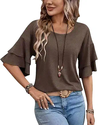 Womens Crew Neck Sleeve Tops Double Ruffle Short T-Shirt Dressy Casual Blouses Spring Summer Fall Loose Fit Tunic