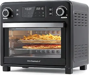 Elite Gourmet EAF9320 23L Air Fryer Toaster Oven, 10-in-1 Digital Convection Countertop Oven, Dual Fan Speeds, Air Fry, Bake, Broil, Toast, Dehydrate, 1600W w/Air Fry Rack, Bake Rack & Pan, Black