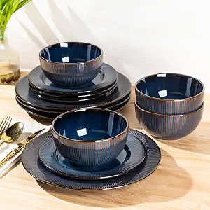 GBHOME Ceramic Dinnerware Sets,12 pcs Embossed Elegant Stoneware Plates and Bowls Sets, Housewarming Wedding Gift | Dishwasher & Microwave Safe | Dishes Set Service for 6