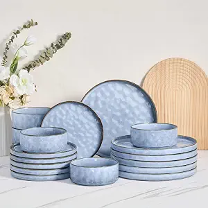 Herogo 18 Pieces Dishes Sets for 6, Stoneware Dinnerware Dishwasher & Microwave Safe, Ceramic Plates and Bowls Sets for Kitchen Restaurant, Haze Blue
