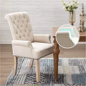 adochr Dining Chairs with Arms, Upholstered Linen Dining Room Chairs with Solid Wood Legs, Accent Armchair for Kitchen Dining Living Room, Beige