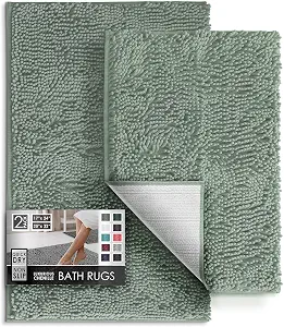 Hearth & Harbor Bathroom Rugs, Chenille Bath Mat - Machine Washable Bath Mats for Bathroom Non-Slip Backing Rubber, Quick Dry Bathroom Mat, 17 x 24 + 20 x 32 - Ice Green