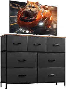 WLIVE 7 Drawer Dresser TV Stand, Entertainment Center, Media Console Table with Metal Frame and Wood Top for TV up to 45 inch, Chest of Drawers for Bedroom, Living Room, Black and Rustic Brown