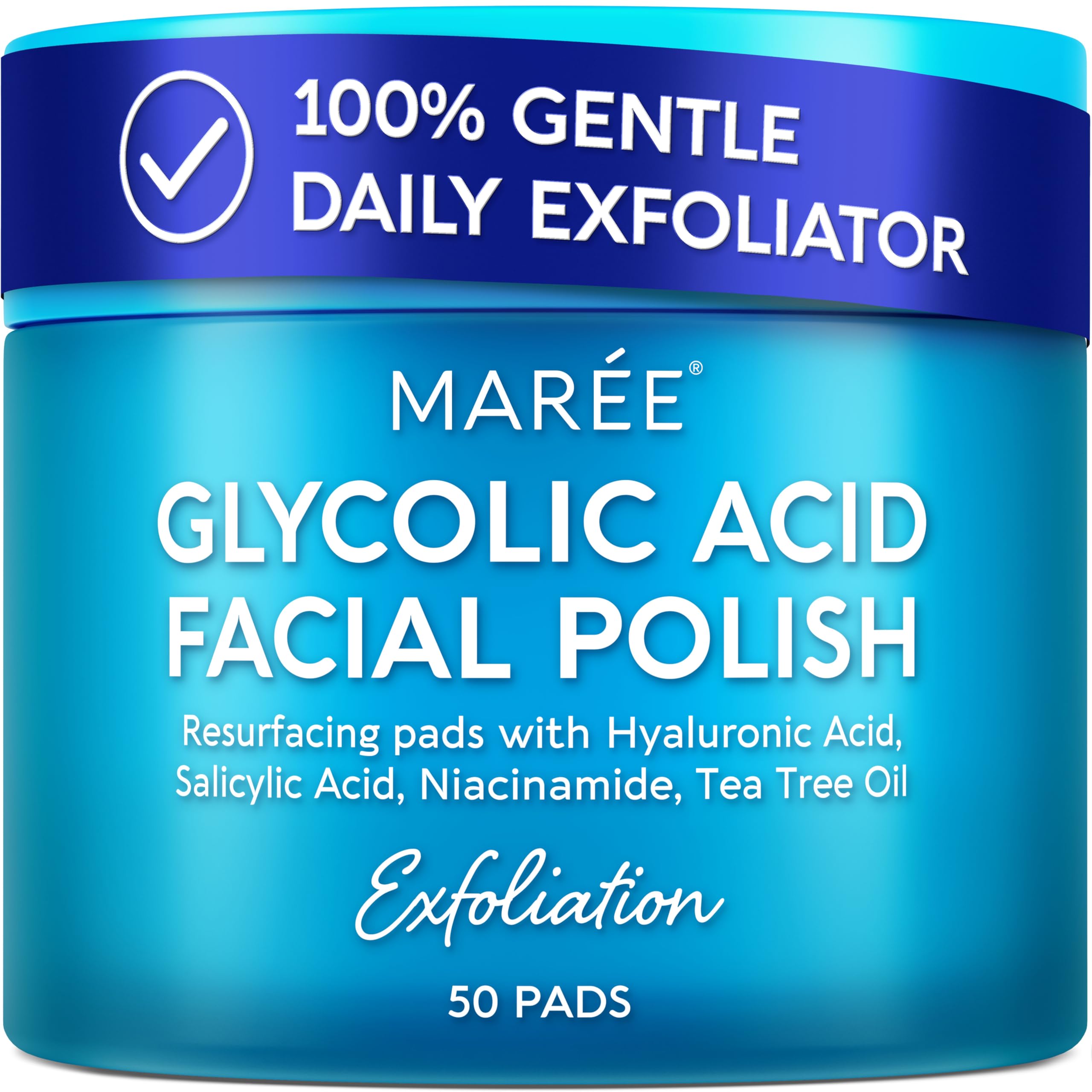 MAREE Glycolic Acid Pads - Toner Pads for Face Cleansing - Exfoliating Pad with Tea Tree Oil, Salicylic Acid & Vitamins E, B3, B5 - Facial Polishes & Peels, Skin Pore Resurfacing & Radiance - 50 Count