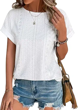 Bliwov Womens Tops Eyelet Embroidery Summer Spring Curved Hem Short Sleeve T Shirts Blouse Outfits Beach Vacation Clothes
