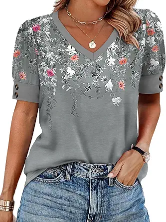 OFEEFAN Womens Tops Short Sleeve Shirts Buttons V Neck Spring Fashion Summer Outfits Plus Size Blouses Dressy Casual