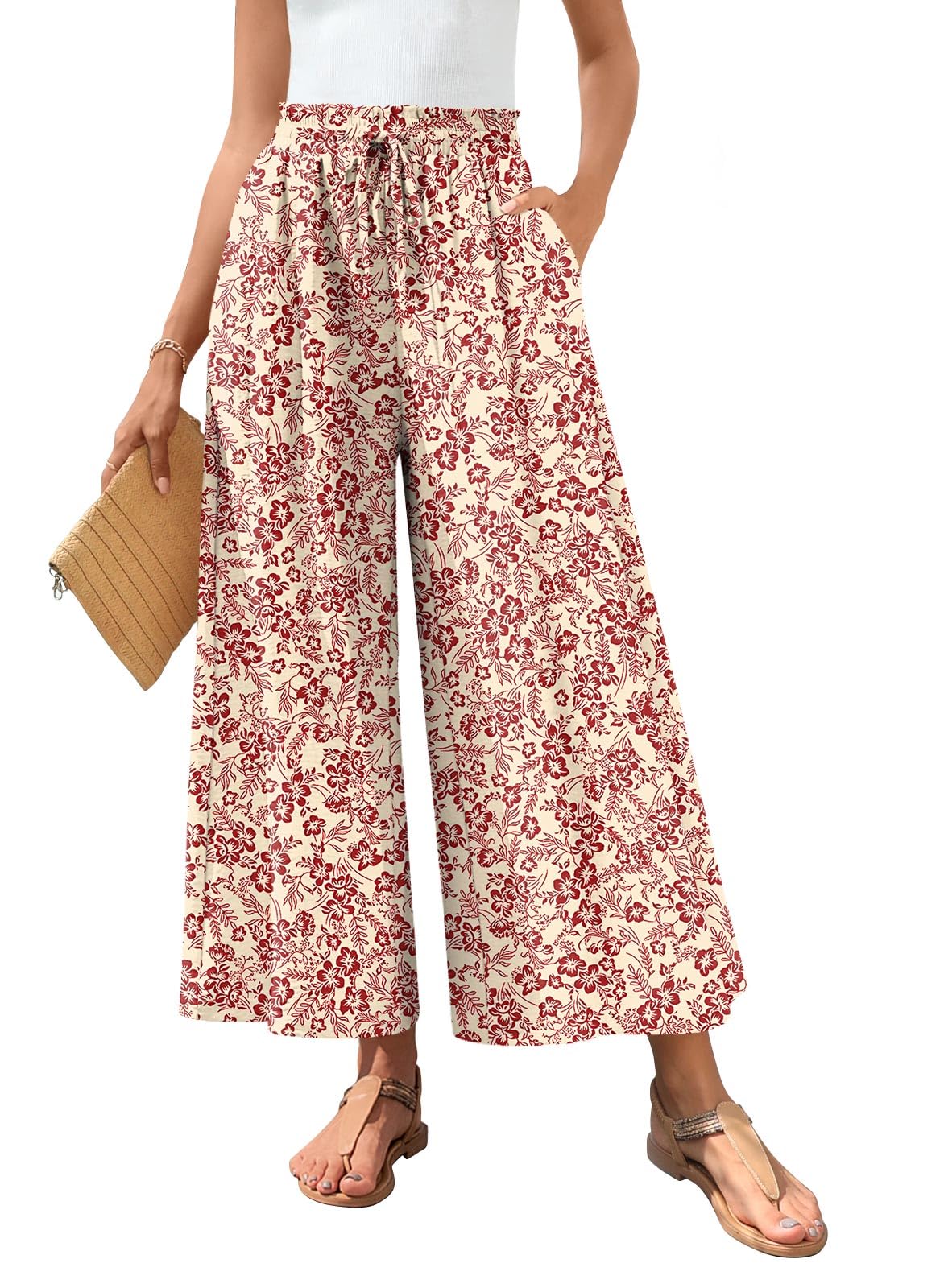 Bestbee Women's Wide Leg Palazzo Pants Dressy Casual Gaucho Pants Elastic Waist with Pockets