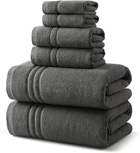 REDKISS Dark Gray Towels Set 6 Piece Cotton Towel Sets with 2 Bath Towels, 2 Hand, 2 Washcloths, 650GSM Hotel Quality, Soft, Highly Absorbent Towels for Bathroom Gym, Ideal Everyday Use