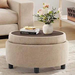 COLAMY Fabric Round Storage Ottoman with Reversible Tray Lid – Multi-Functional Footrest, Hidden Storage, Sturdy & Stylish Small Coffee Table for Living Room, Bedroom, or Entryway(Camel)