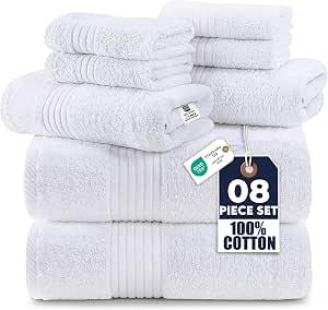 Utopia Towels 8 Piece Premium Towel Set, 2 Bath, 2 Hand, and 4 Washcloths, 100% Ring Spun Cotton, Highly Absorbent Towels for Bathroom, Sports, and Hotel, White