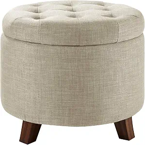 Amazon Basics Round Storage Ottoman Foot Rest, Button Tufted Upholstered Footstool with Storage, Sturdy Linen Fabric for Living Room and Bedroom, 20" x 17", Beige