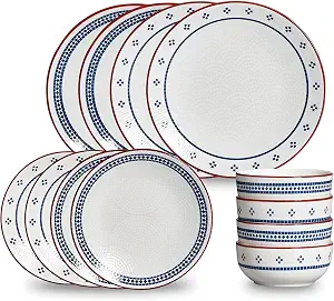 12-Piece Stoneware Dinnerware Set for 4, Geometric Vintage Plates & Bowls, Scratch-resistant Dishwasher & Microwave Safe Dishware, Modern Tableware Service for Everyday Use or Entertaining