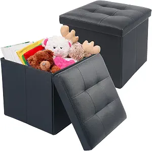 LotFancy Storage Ottoman, 2 Pack, Foldable Foot Rest Stool, 13x12x12 Inches Small Leather Bench with Storage, Holds up to 260 lb, for Living Room, Bedroom, Dorm, Black