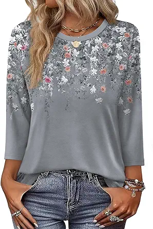 OFEEFAN 3/4 Length Sleeve Womens Tops Dressy Casual Blouses Crew Neck T Shirt Fashion Clothing Loose Fit