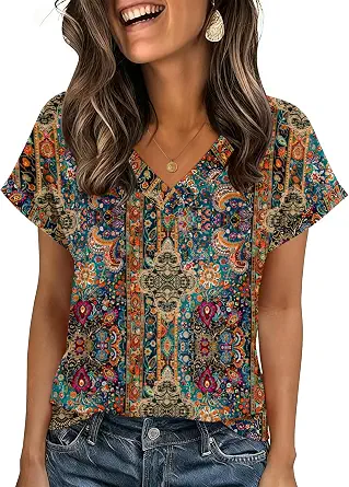 Zeagoo Womens Summer Tops Rolled Short Sleeve V Neck Shirts Casual Dressy Business Work Blouses Outfits
