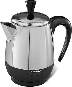 Farberware Electric Coffee Percolator, FCP240, Stainless Steel Basket, Automatic Keep Warm, No-Drip Spout, 4 Cup, Black/Silver