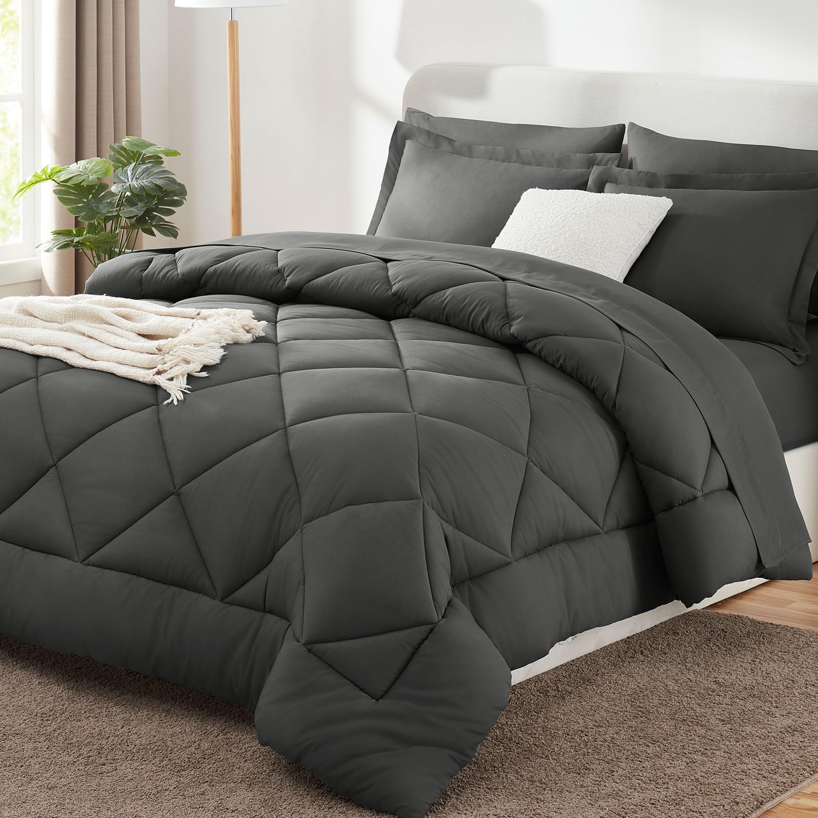 CozyLux King Size Comforter Set Dark Grey - 7 Pieces Bed in a Bag King, Luxury Soft Bed Set for All Seasons, Bedding Set with Down Alternative Comforter, Sheets, Pillowcases & Shams