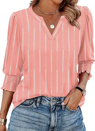 XIEERDUO Blouses for Women Dressy Casual 3/4 Length Sleeve Womens Tops V Neck T Shirts with Smocked Cuffs