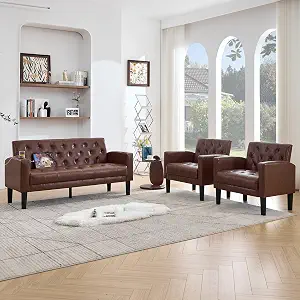 TYBOATLE 62" W Leather Loveseat w/Chairs, 3 Piece Sofa Sets for Living Room w/ 2 USB Charger Ports and 2 Cupholders, Living Room Furniture Sets of 3 (3, Brown)