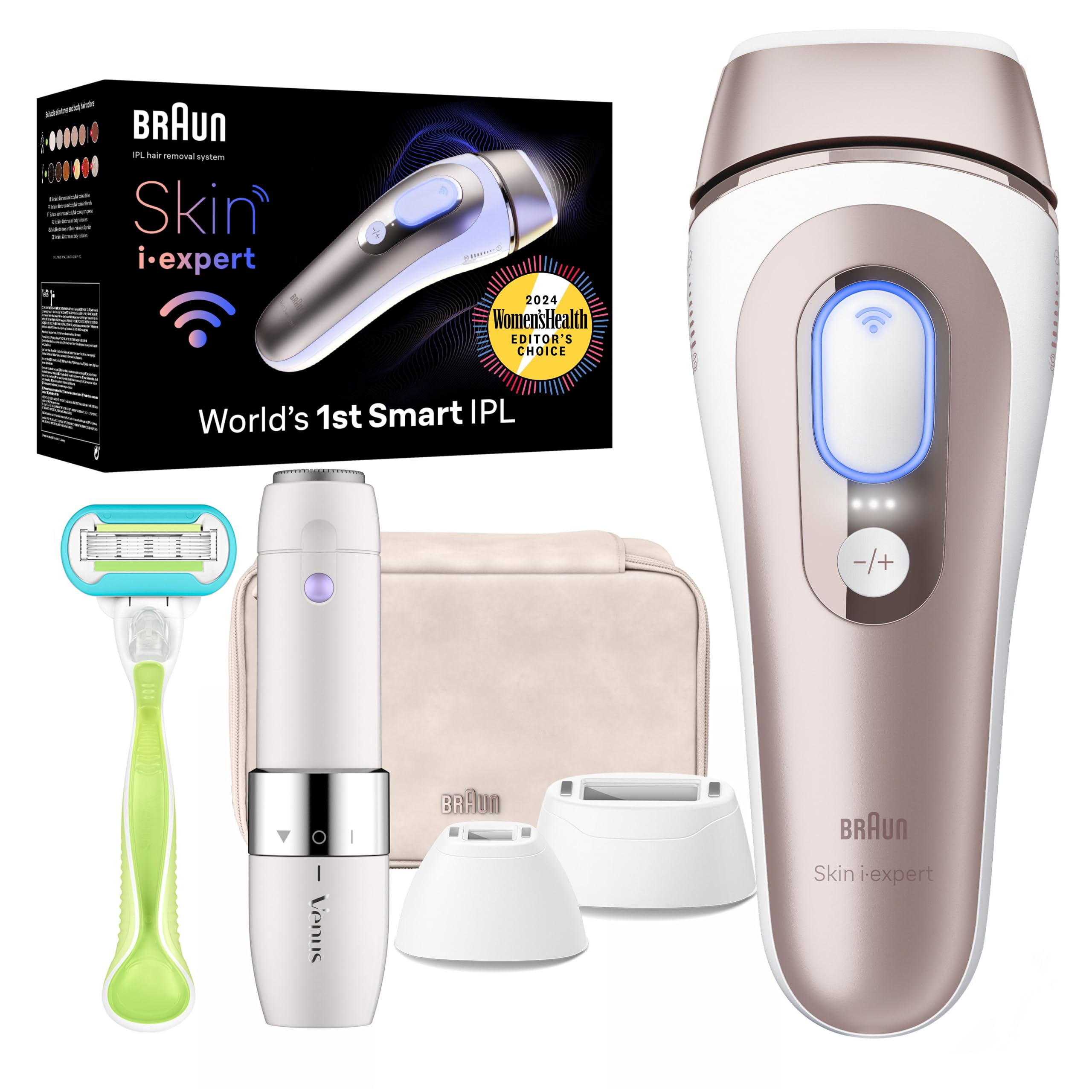 Braun Skin i-Expert Smart IPL PL7219 at Home Laser Hair Removal for Women and Men with App, Premium Pouch, Venus Razor, 2 Smart Heads, Facial Trimmer