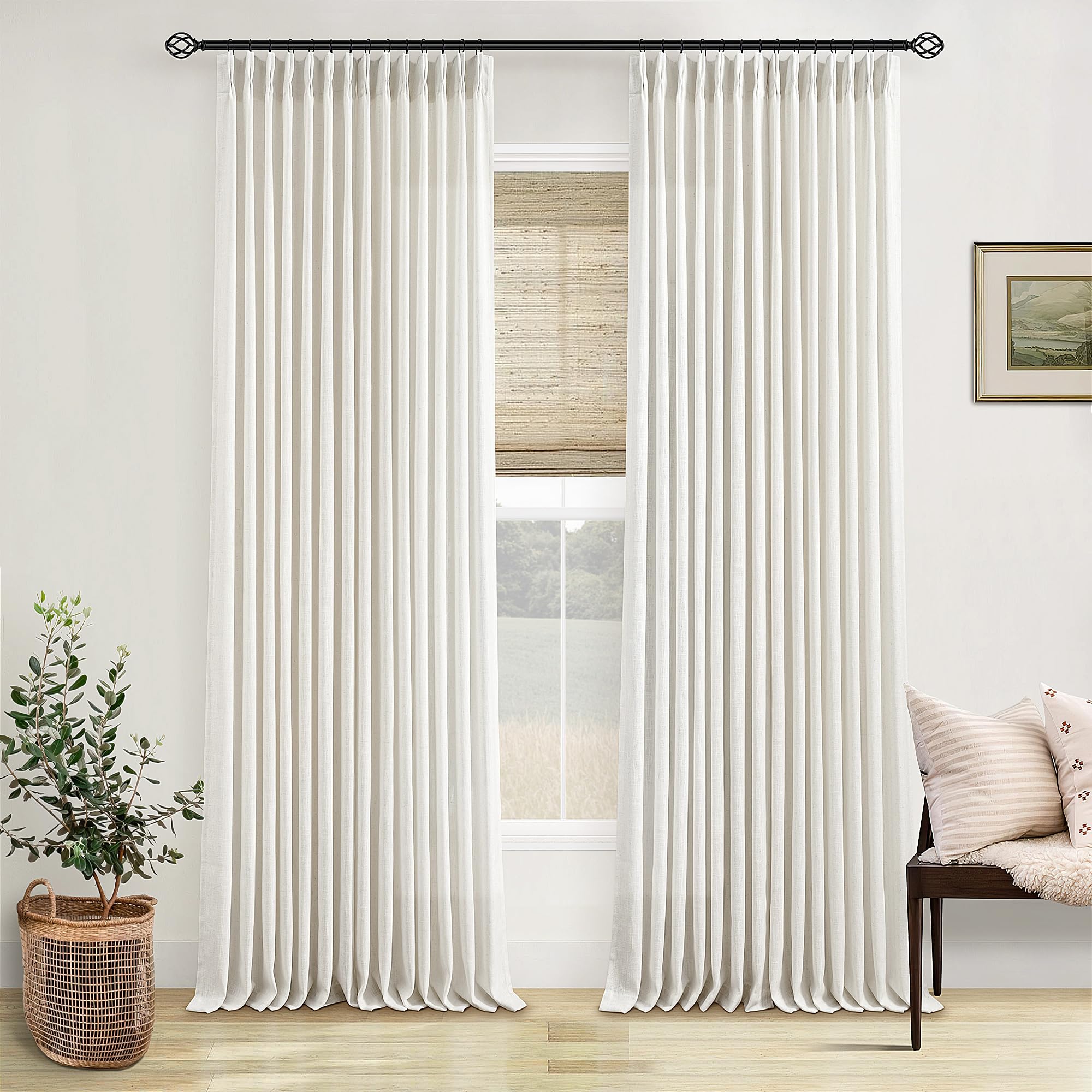 Custom Made Pinch Pleated Linen Curtains 105 Inches Long for Living Room 2 Panels Set Cream Ivory Memory Pleated Drapes Back Tab Neutral Boho Ceiling Floor 105 Inch Window Curtains Natural Birch
