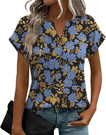 Womens Tops Casual Short Sleeve V Neck Shirts Loose Fit Dressy Boho Plus Size Blouses 2026