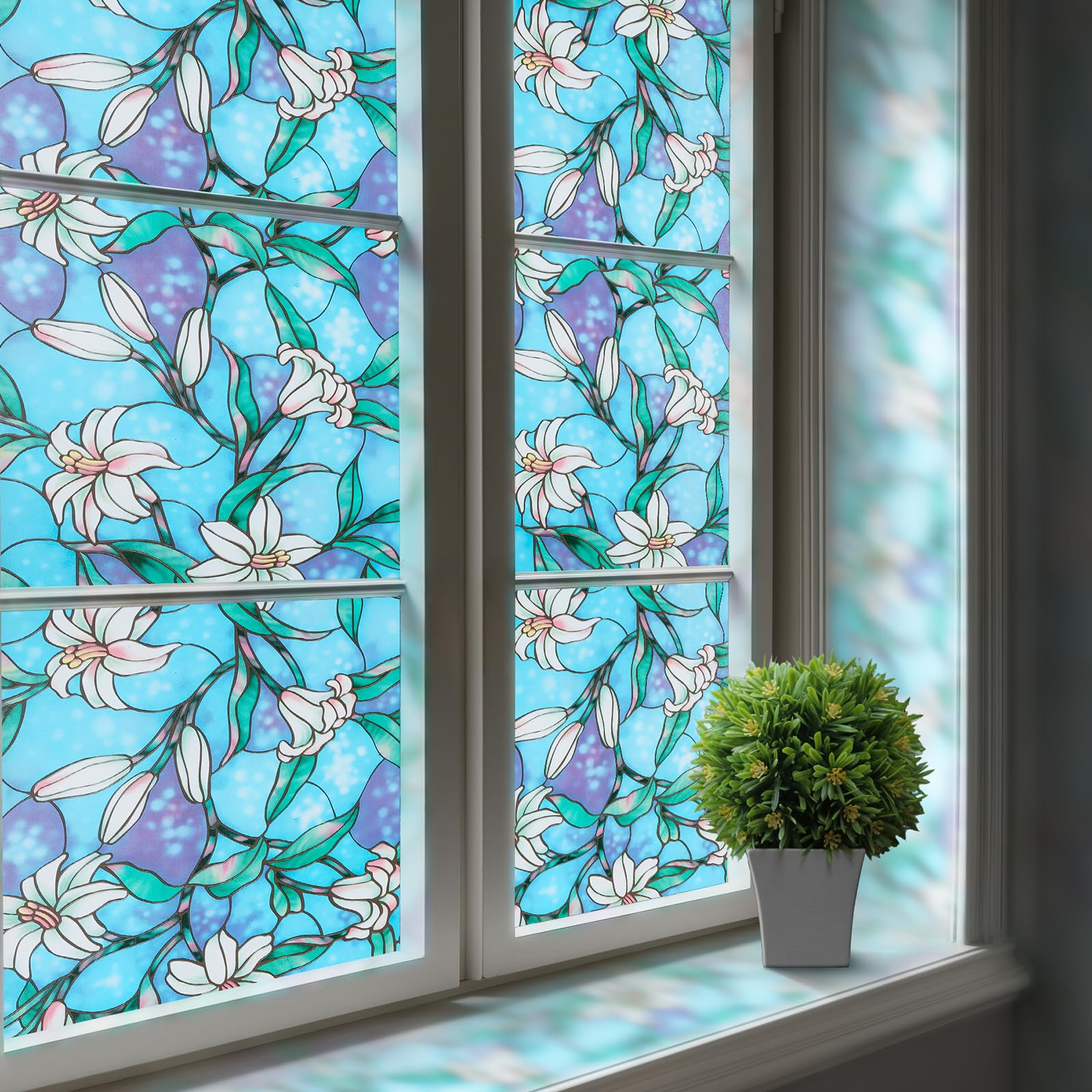 rabbitgoo Stained Glass Window Privacy Film, Blue Lily, 17.5" X 78.7" | Anti UV Heat Blocking Frosted Glass Static Cling Removable, for Bathroom, Bedroom, Living Room