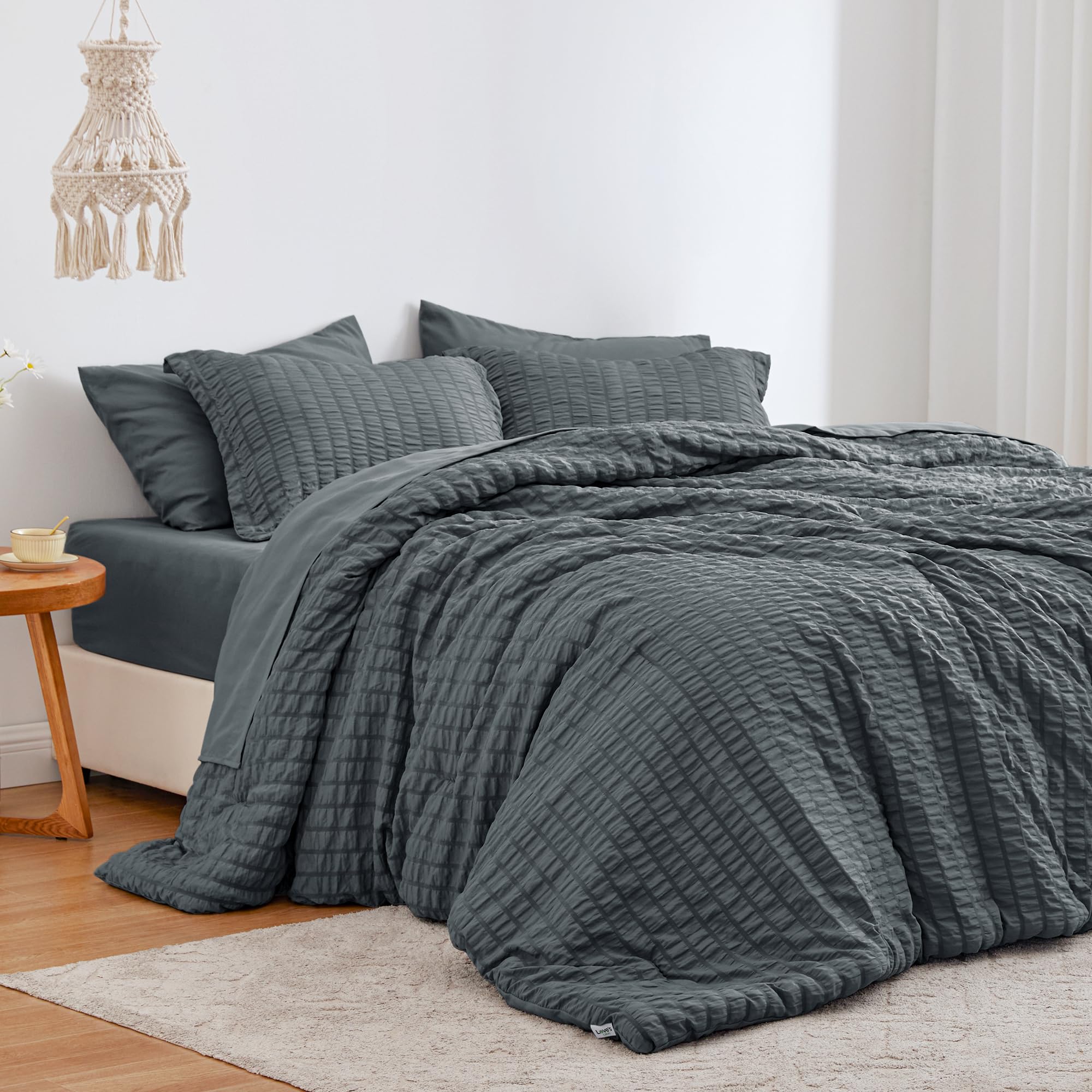 Love's cabin Seersucker Charcoal Grey California King Comforter Set, 7-Piece All Season Lightweight Bed in a Bag Bedding Set with Comforter, Flat Sheet, Fitted Sheet, Pillowcases and Shams