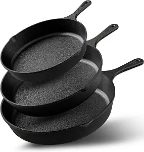 Utopia Kitchen Premium Cast iron Skillets 3 Piece Set, Chef's Pan, Pre Seasoned Frying Pan, 6, 8 & 10 Inches, PFAS-Free, Stovetop, Campfire & Grill Large Skillet, Even Heat Distribution Cast Iron Pan