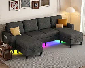 Sectional Couches for Living Room, 4 Seat Sectional Sofa with Smart Module-Wireless Charging/USB/Type-C/RGB Light, U Shaped Couch with Reversible Chaise Lounge/Storage Ottoman (Dark Grey)
