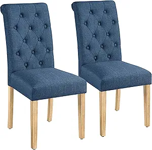 Yaheetech Dining Chairs Set of 2 Fabric Upholstered Dining Room Chairs with Button Tufted High Back and Solid Wood Legs for Kitchen/Living Room/Restaurant, Modern Style, Blue