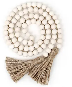 58in Wood Bead Garland with Tassels, Farmhouse Rustic Country Decor Prayer Boho Wall Hanging Decoration (Nature)