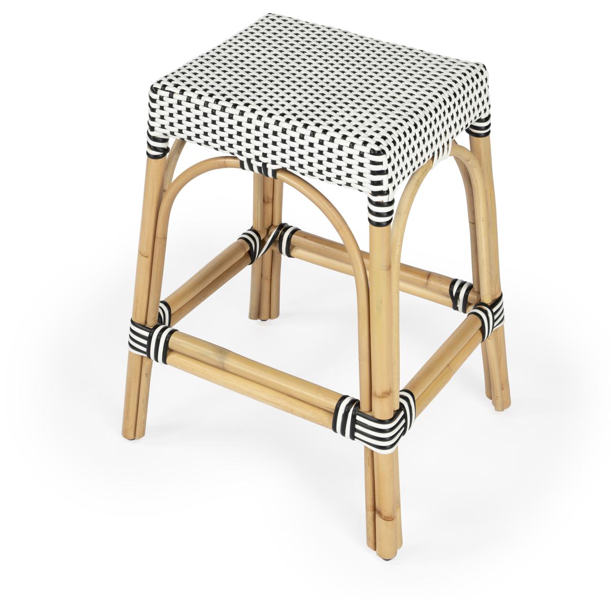 Butler 5513295 Robias Rectangular Rattan 24.5" Counter Stool in White and Black Dot