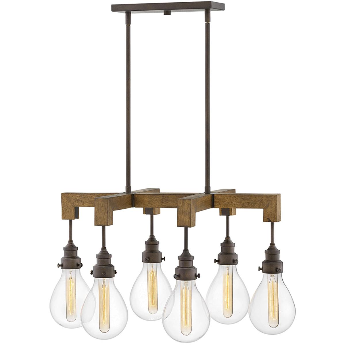 Hinkley 3268IN Denton 6 Light 29.75 inch Industrial Iron with Vintage Walnut Indoor Linear Chandelier Ceiling Light