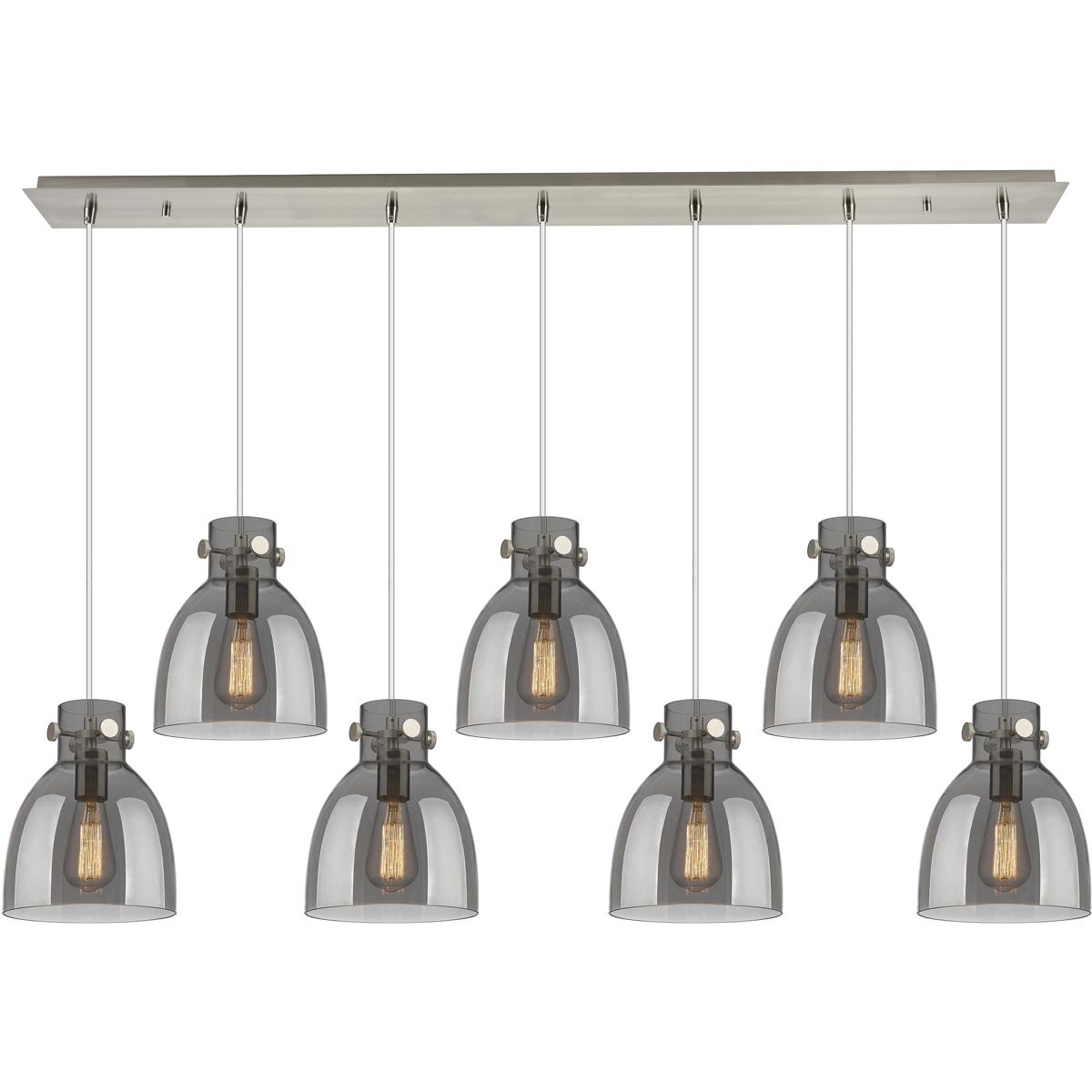 Innovations Lighting 127-410-1PS-SN-G412-8SM Newton Bell 7 Light 51.75 inch Brushed Satin Nickel Linear Pendant Ceiling Light in Light Smoke Glass