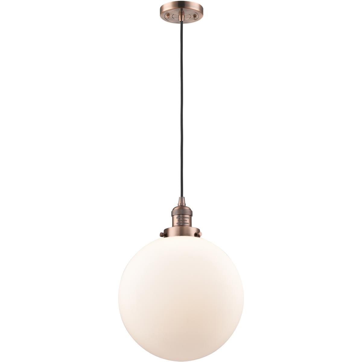 Innovations Lighting 201C-AC-G201-12-LED Franklin Restoration Beacon LED 12 inch Antique Copper Mini Pendant Ceiling Light in Matte White, Franklin Re
