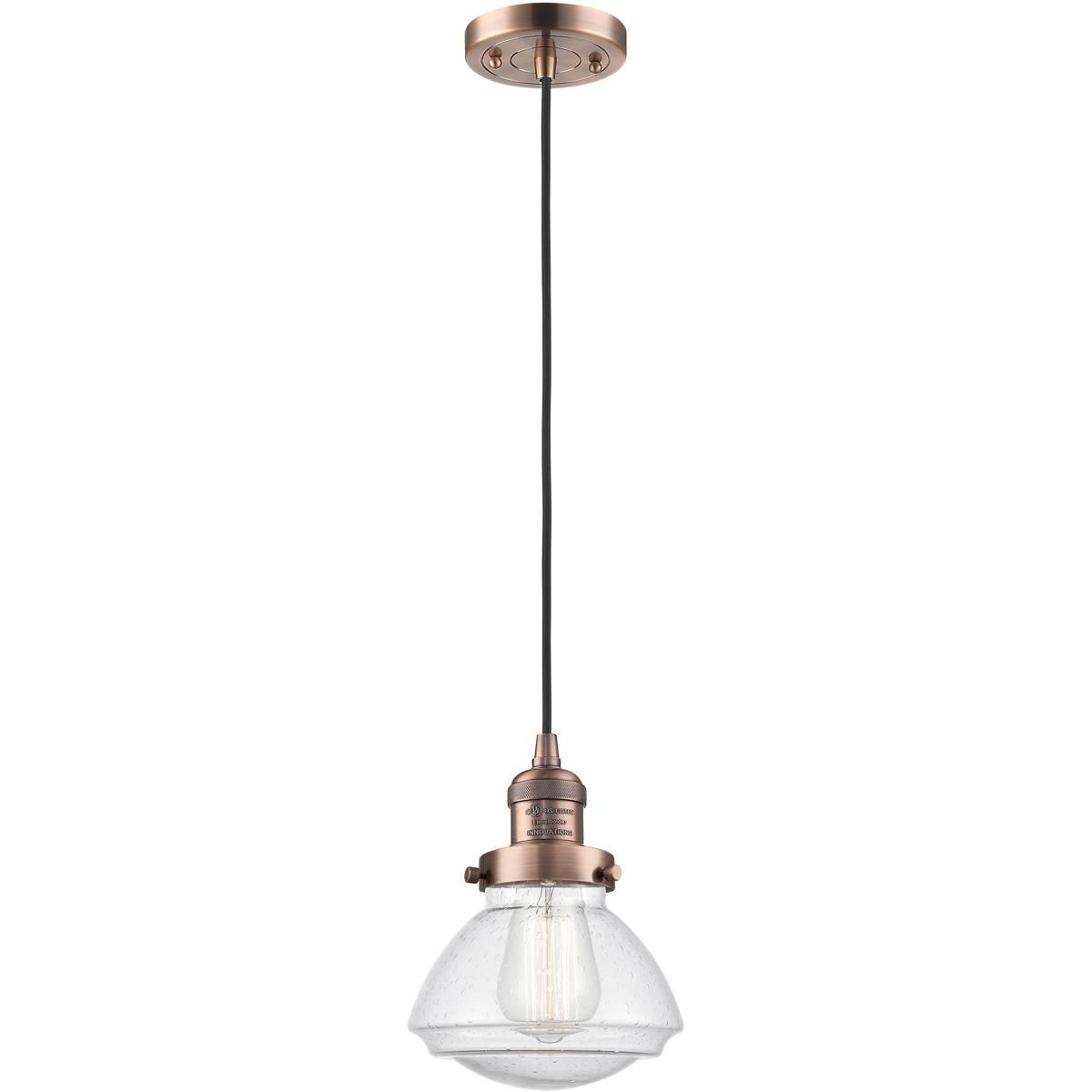 Innovations Lighting 201C-AC-G324-LED Franklin Restoration Olean LED 6.75 inch Antique Copper Mini Pendant Ceiling Light in Seedy, Franklin Restoratio