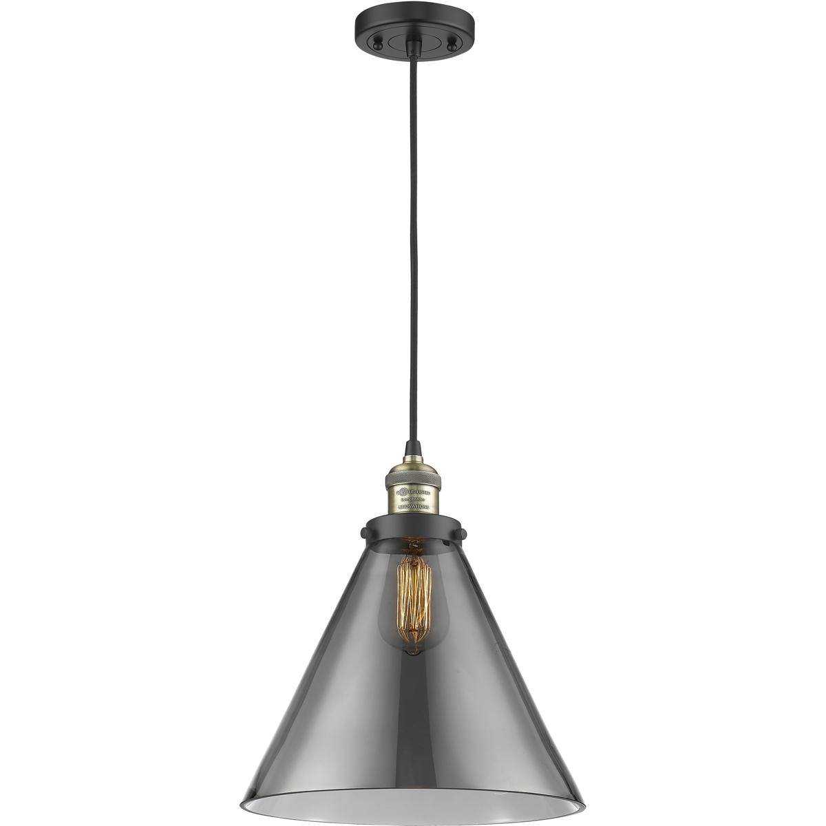 Innovations Lighting 201C-BAB-G43-L-LED Franklin Restoration Cone LED 12 inch Black Antique Brass Mini Pendant Ceiling Light in Light Smoke Glass, Fra