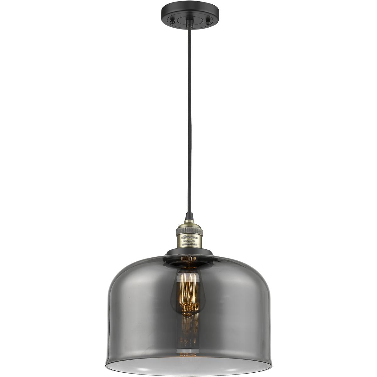 Innovations Lighting 201C-BAB-G73-L-LED Franklin Restoration Bell LED 12 inch Black Antique Brass Mini Pendant Ceiling Light in Light Smoke Glass, Fra