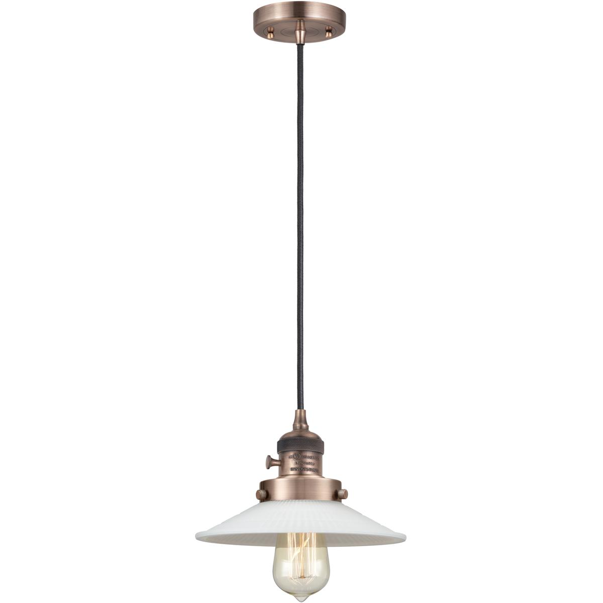 Innovations Lighting 201CSW-AC-G1-LED Franklin Restoration Halophane LED 8.5 inch Antique Copper Mini Pendant Ceiling Light in Matte White Halophane G