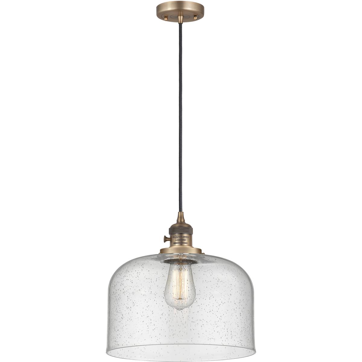 Innovations Lighting 201CSW-BB-G74-L-LED Franklin Restoration Bell LED 12 inch Brushed Brass Mini Pendant Ceiling Light in Seedy
