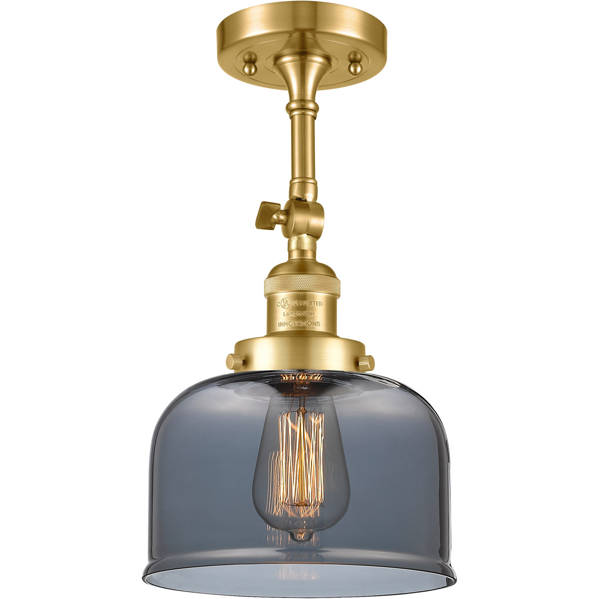 Innovations Lighting 201F-SG-G73-LED Franklin Restoration Large Bell LED 8 inch Satin Gold Semi-Flush Mount Ceiling Light in Plated Smoke Glass, Frank