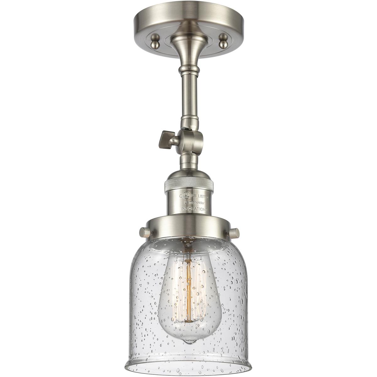 Innovations Lighting 201F-SN-G54-LED Franklin Restoration Small Bell LED 5 inch Brushed Satin Nickel Semi-Flush Mount Ceiling Light in Seedy Glass, Fr