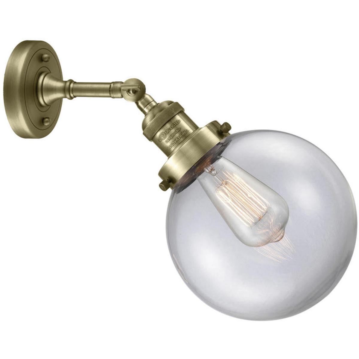 Innovations Lighting 203-AB-G202-8 Franklin Restoration Large Beacon 1 Light 8 inch Antique Brass Sconce Wall Light in Clear Glass, Franklin Restorati