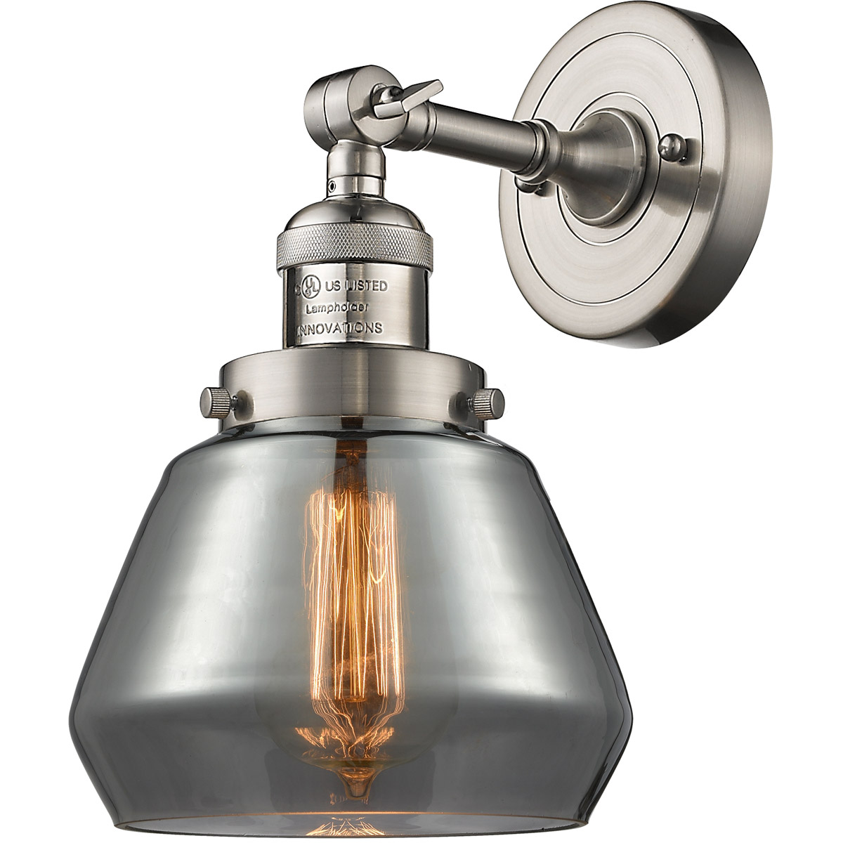 Innovations Lighting 203-SN-G173-LED Franklin Restoration Fulton LED 7 inch Brushed Satin Nickel Sconce Wall Light in Plated Smoke Glass, Franklin Res