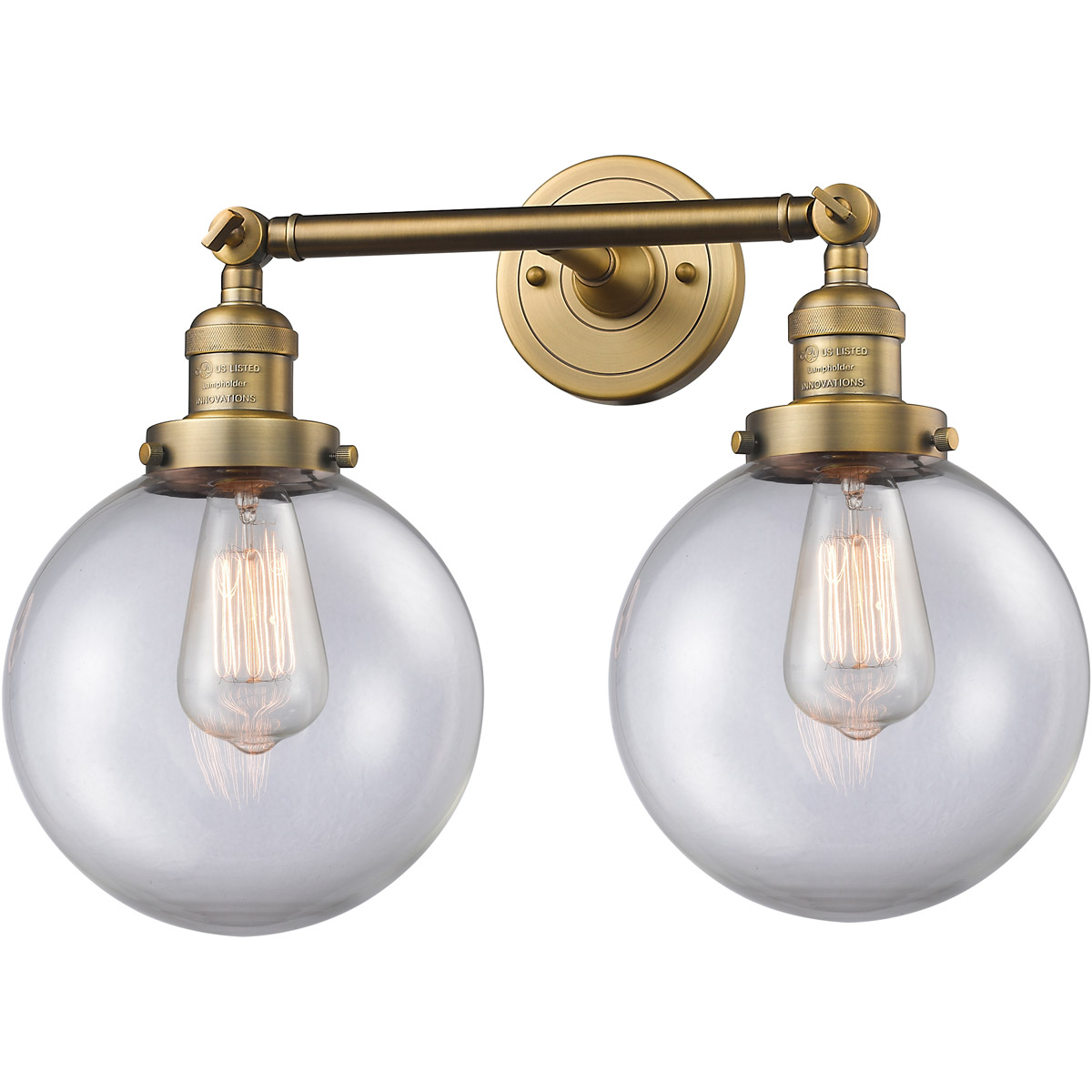 Innovations Lighting 208L-BB-G202-8 Franklin Restoration Large Beacon 2 Light 8 inch Brushed Brass Bath Vanity Light Wall Light in Clear Glass, Frankl