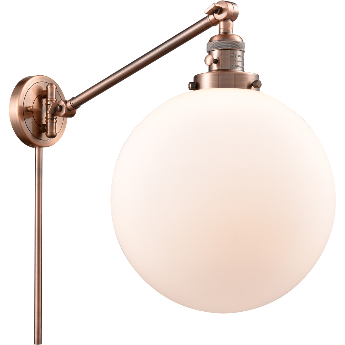 Innovations Lighting 237-AC-G201-12-LED XX-Large Beacon 20 inch 100 watt Antique Copper Swing Arm Wall Light in Matte White Glass, Franklin Restoratio