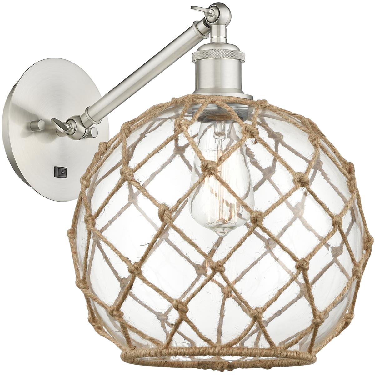 Innovations Lighting 317-1W-SN-G122-10RB Ballston Farmhouse Rope Armed Sconce Wall Light in Brushed Satin Nickel, Clear Glass with Brown Rope