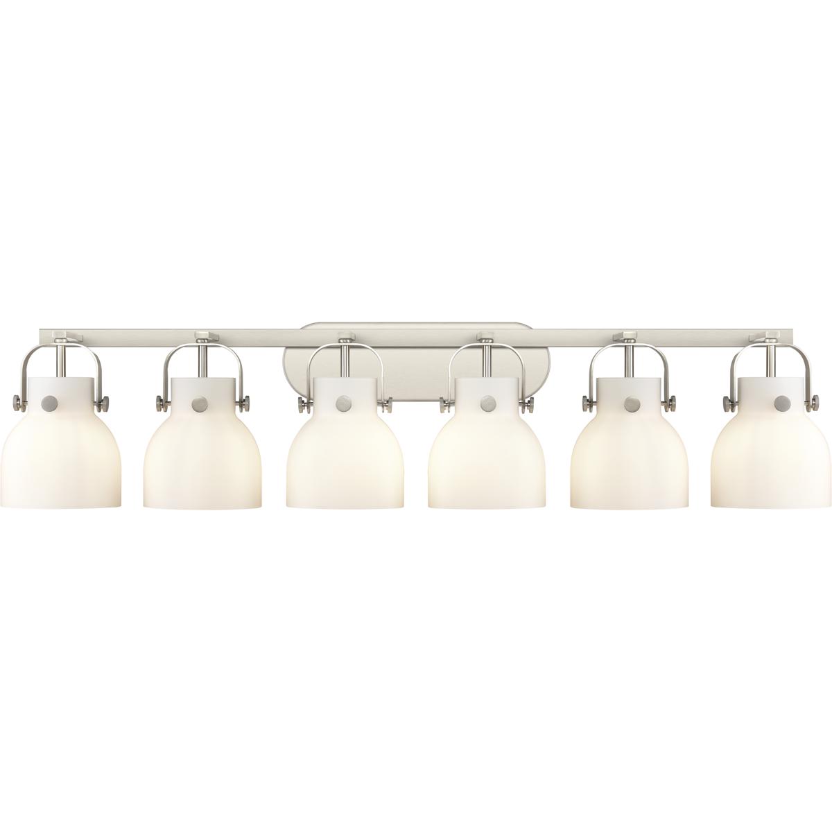Innovations Lighting 423-6W-SN-G412-6WH Pilaster II Bell 6 Light 45.5 inch Satin Nickel Bath Vanity Light Wall Light in Matte White Glass